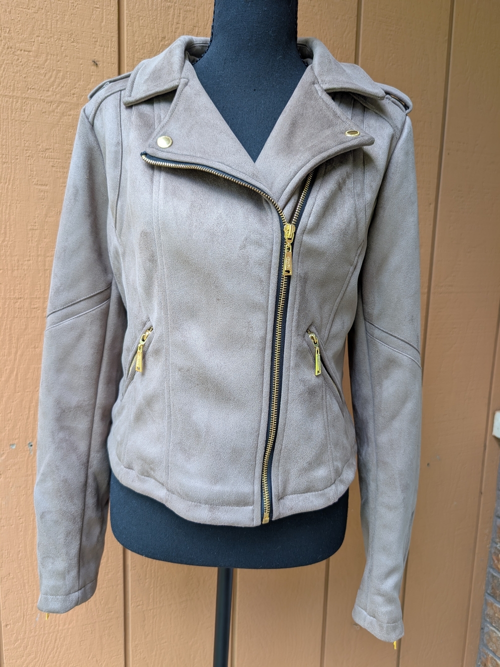 JOUJOU Taupe Faux Suede Moto Jacket Asymmetrical Zip Gold Hardware Size Medium